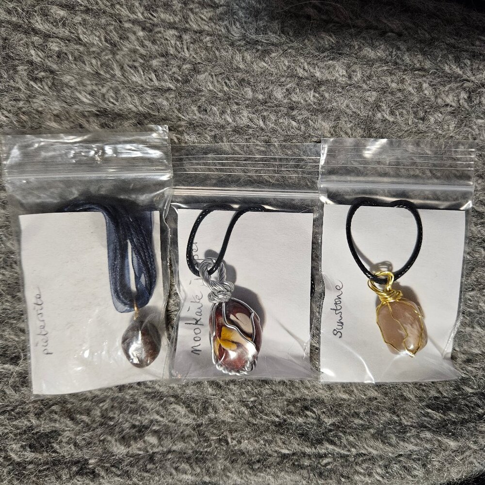 3 wire wrapped gemstone/crystal pendants, 3 different stones, 18 inch cords, new
